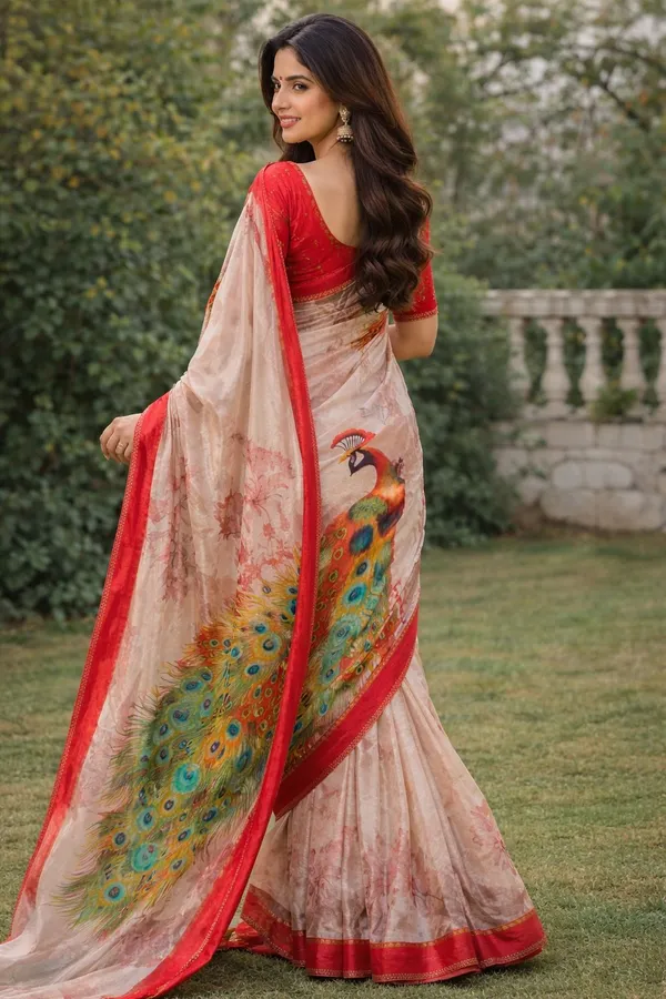 Designer_Floral_Saree_with_Peacock_Print_Pallu_&_Red_Border”