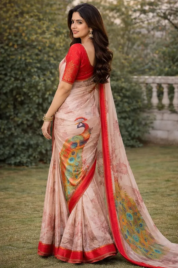 Designer_Floral_Saree_with_Peacock_Print_Pallu_&_Red_Border”