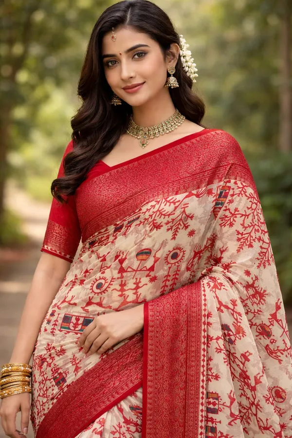Red_And_Beige_Floral_Print_Saree_With_Red_Blouse