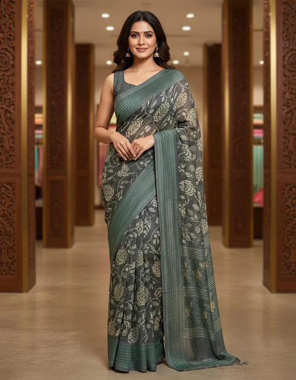Grey_And_Green_Elegant_Floral_Print_Saree