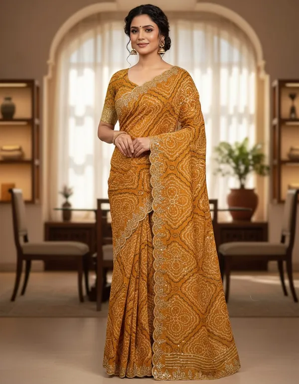 Golden_Mustard_Embellished_Saree_With_Intricate_Bandhani_Pattern