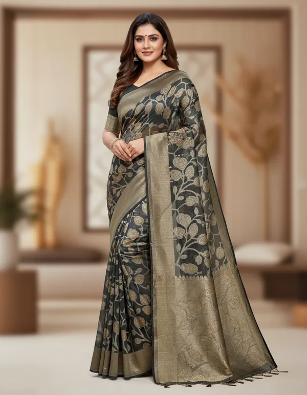 Grey_And_Gold_Elegant_Banarasi_Silk_Saree_With_Floral_Weave