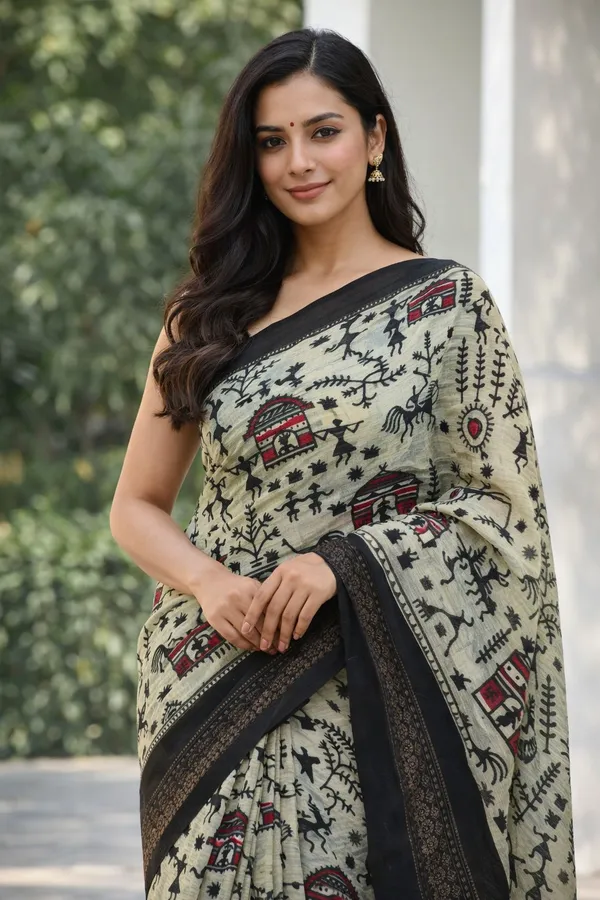 Beige_Warli_Print_Saree_With_Black_Border_-_Traditional_Indian_Ethnic_Wear