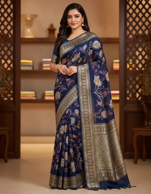Navy_Blue_Banarasi_Silk_Saree_With_Floral_Zari_Work_And_Golden_Border