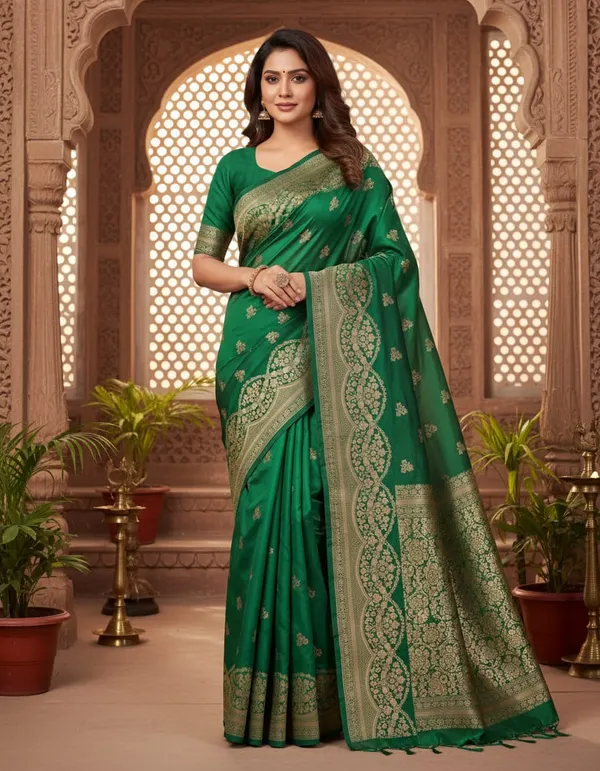 Green_Banarasi_Silk_Saree_With_Golden_Zari_Work