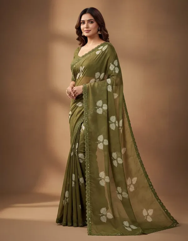 Olive_Green_Floral_Print_Saree_With_Embellished_Border