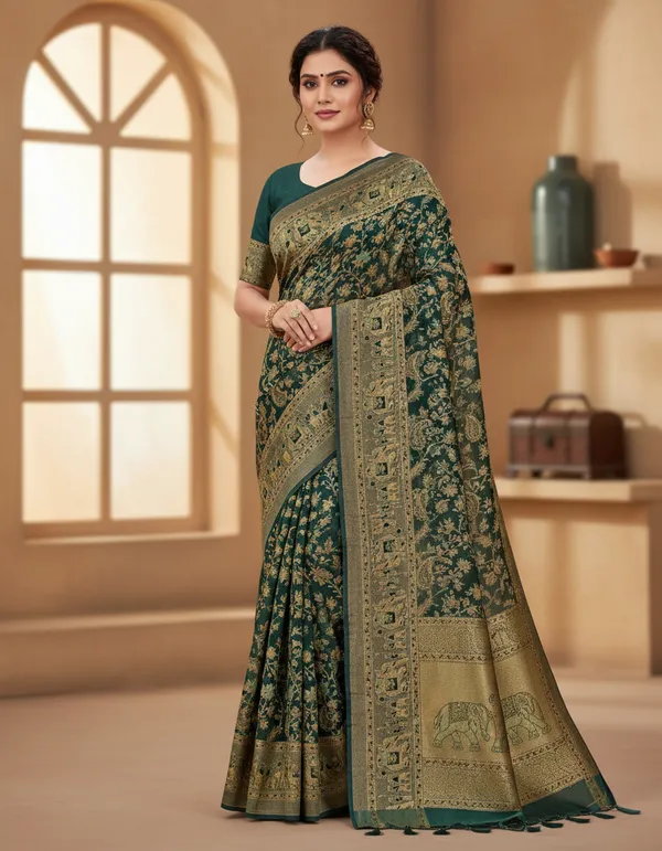 Teal_Green_Banarasi_Silk_Saree_With_Golden_Zari_Work_-_Traditional_Weaving_Pattern