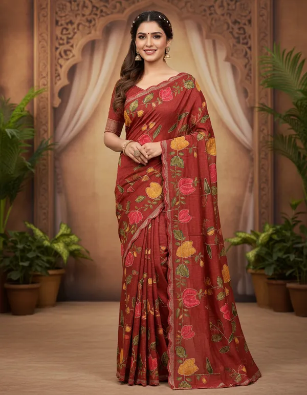 Rust_Floral_Print_Silk_Blend_Saree_With_Matching_Blouse