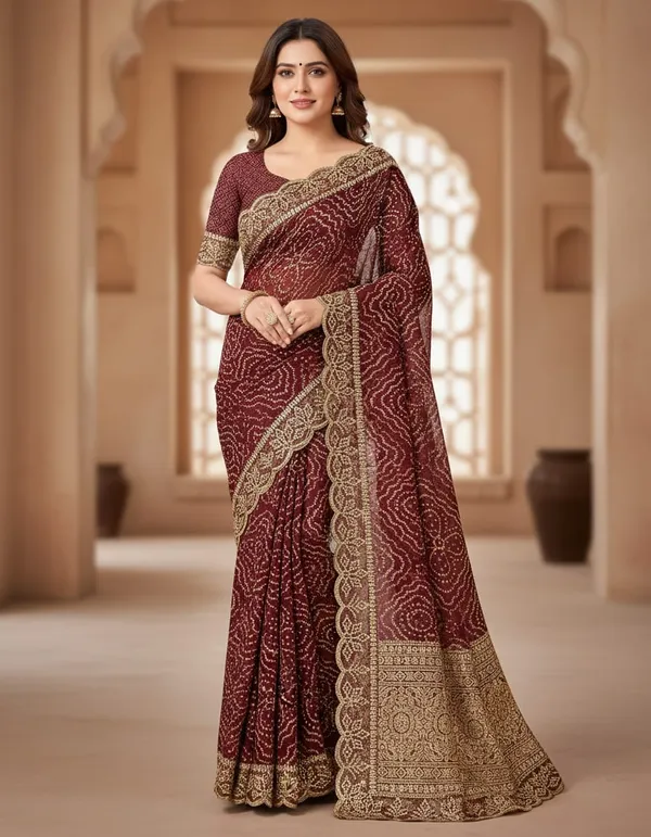 Maroon_Bandhani_Saree_With_Golden_Embroidered_Border_And_Matching_Blouse