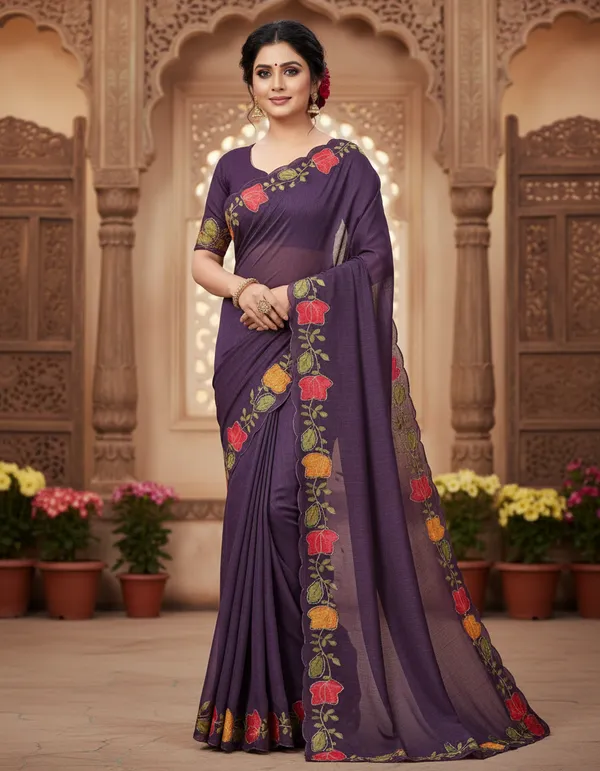 Purple_Floral_Embroidered_Border_Saree_With_Blouse