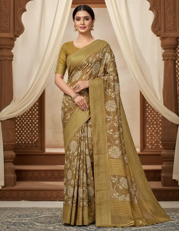 Golden_Floral_Zari_Work_Silk_Saree_With_Blouse