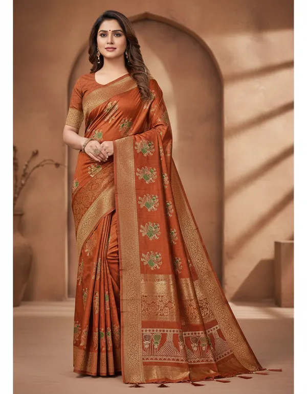Orange_Banarasi_Silk_Saree_With_Golden_Zari_Work