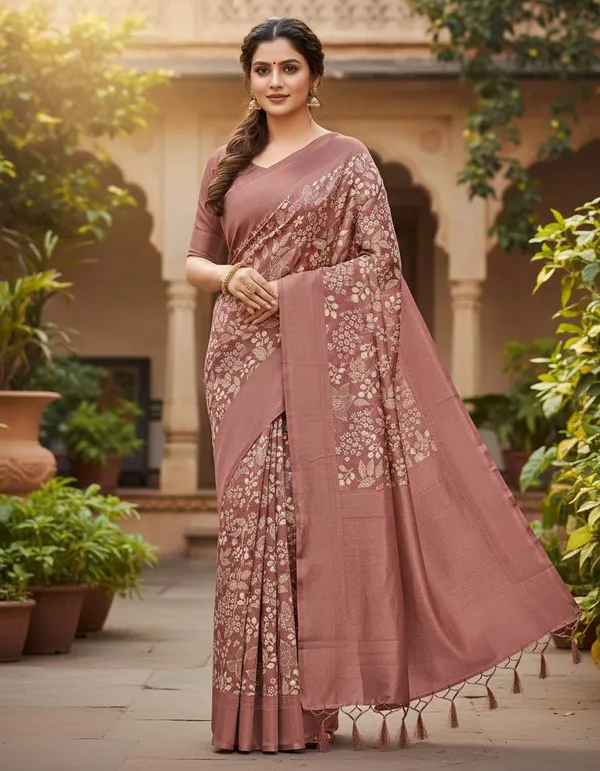 Rose_Pink_Designer_Embroidered_Saree_With_Tassels