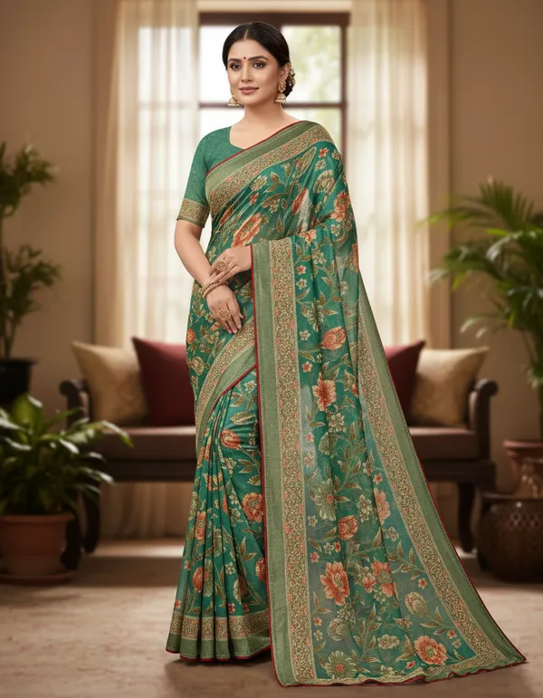 Green_Floral_Print_Saree_With_Golden_Border