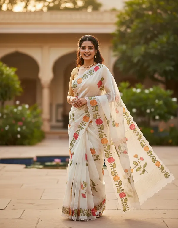 White_Elegant_Floral_Embroidered_Saree_With_Golden_Border