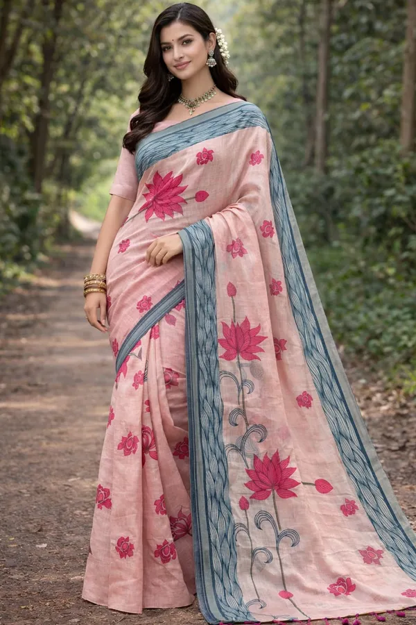 Pink_Floral_Embroidered_Saree_With_Grey_Border