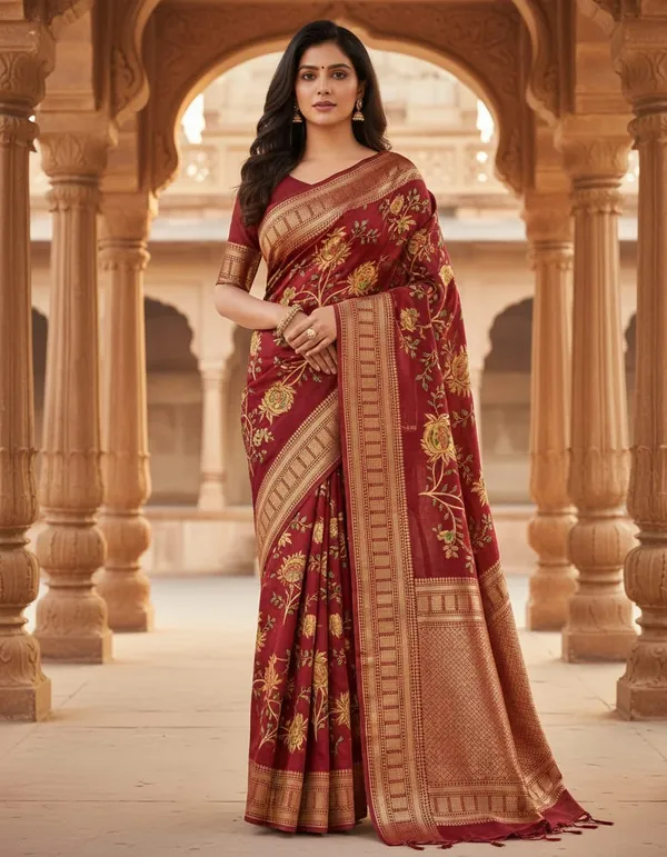 Maroon_Banarasi_Silk_Saree_With_Golden_Floral_Embroidery_And_Zari_Border