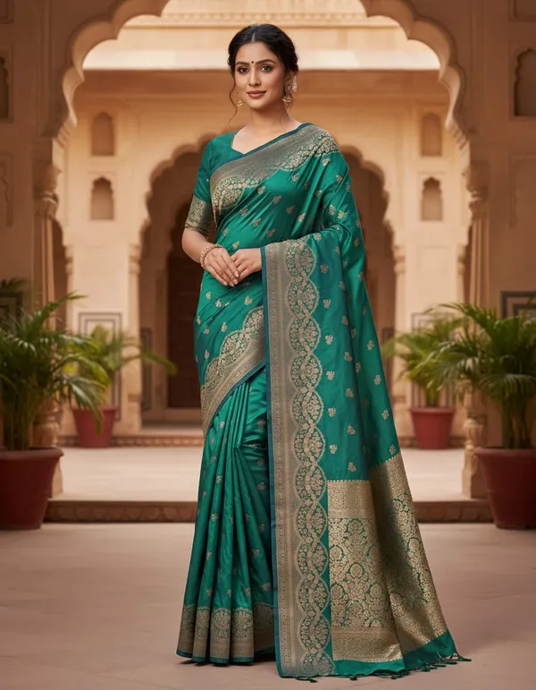 Teal_Green_Banarasi_Silk_Saree_With_Golden_Zari_Work