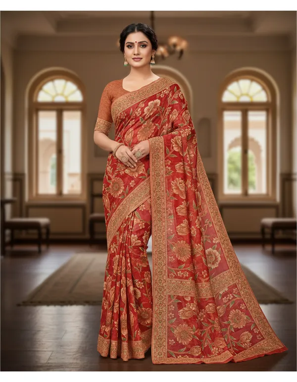 Red_Banarasi_Silk_Saree_With_Golden_Floral_Weave_And_Border
