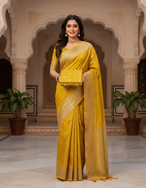 Yellow_Vibrant_Banarasi_Silk_Saree_With_Golden_Zari_Border