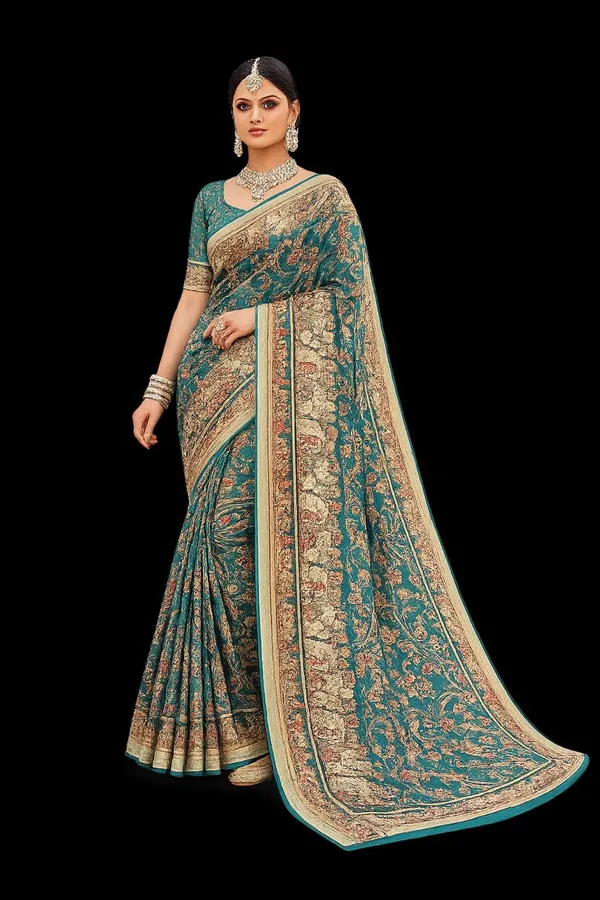 Teal_Blue_Floral_Printed_Saree