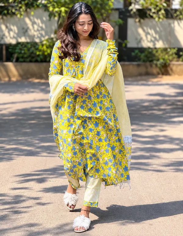 Trending_Ajanta_Yellow_Printed_Anarkali_Dress_|_Kurti_Pant_Set_3_PCS