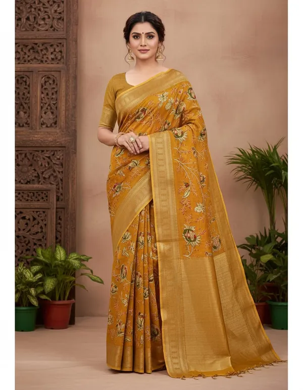 Mustard_Yellow_Silk_Saree_With_Floral_Embroidery_And_Golden_Border