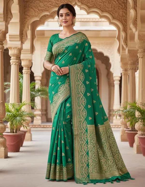 Green_Silk_Banarasi_Saree_With_Golden_Zari_Work