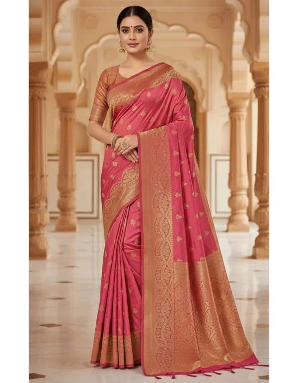 Pink_Banarasi_Silk_Saree_With_Golden_Zari_Border_And_Pallu
