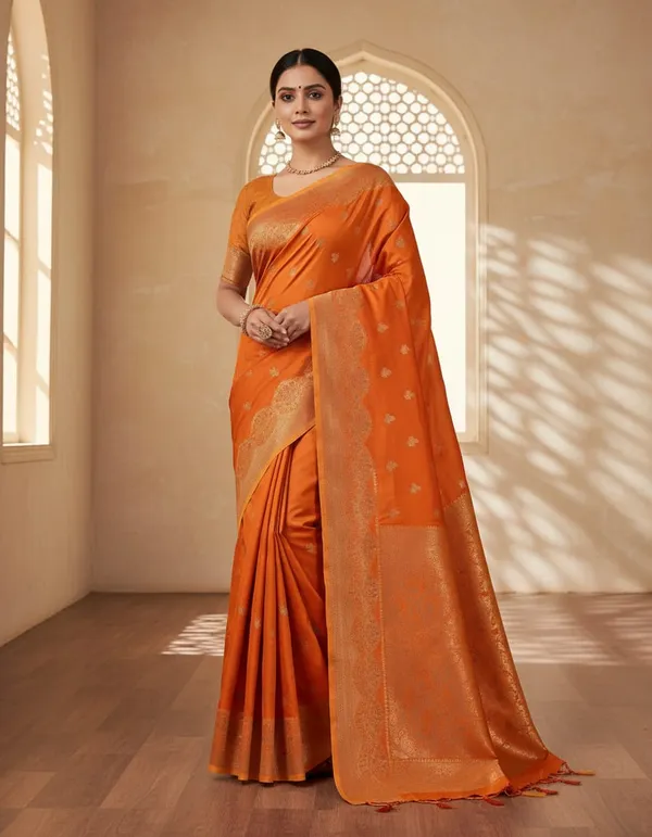 Orange_Banarasi_Silk_Saree_With_Golden_Zari_Border