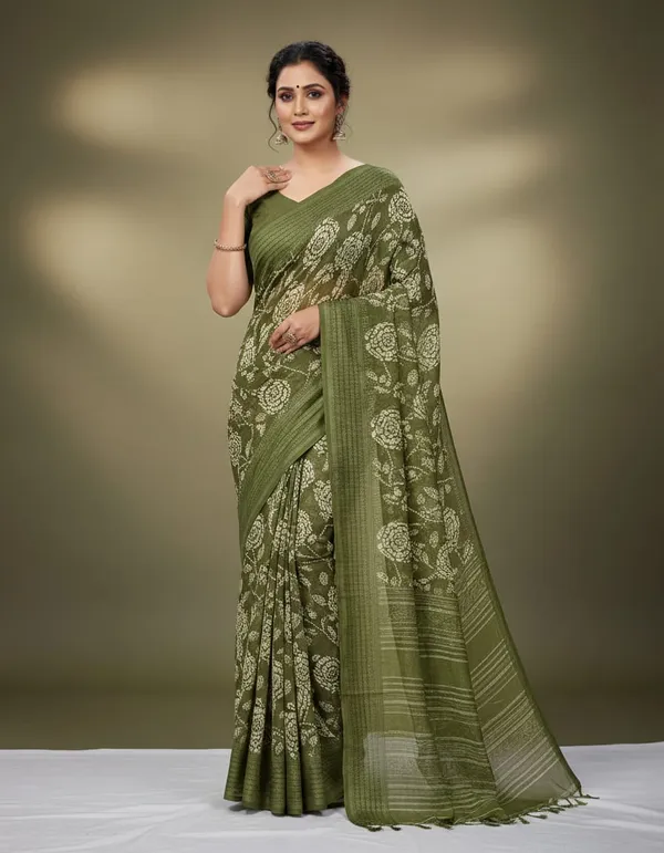 Olive_Green_Elegant_Floral_Print_Linen_Saree_With_Striped_Border