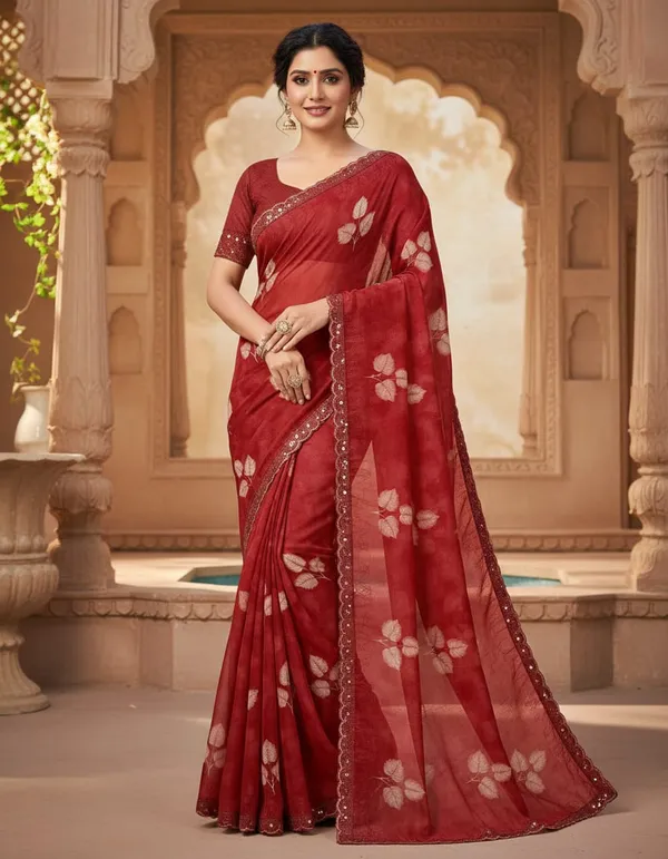 Red_Elegant_Floral_Embroidered_Saree_With_Embellished_Border