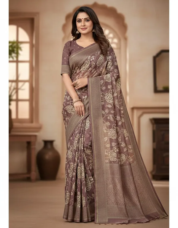 Purple_Floral_Print_Saree_With_Golden_Border