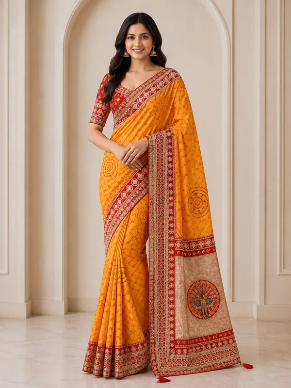 Yellow/Orange_Bandhani_Saree_with_Red_Border