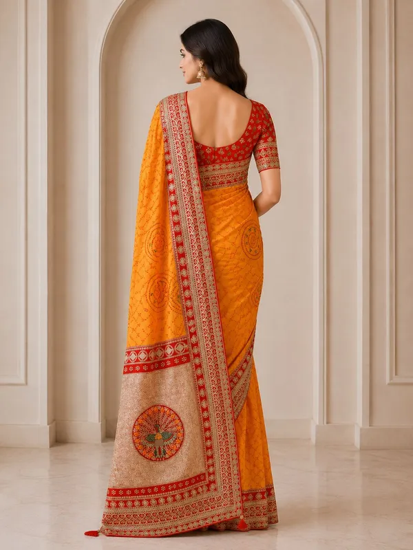 Yellow/Orange_Bandhani_Saree_with_Red_Border