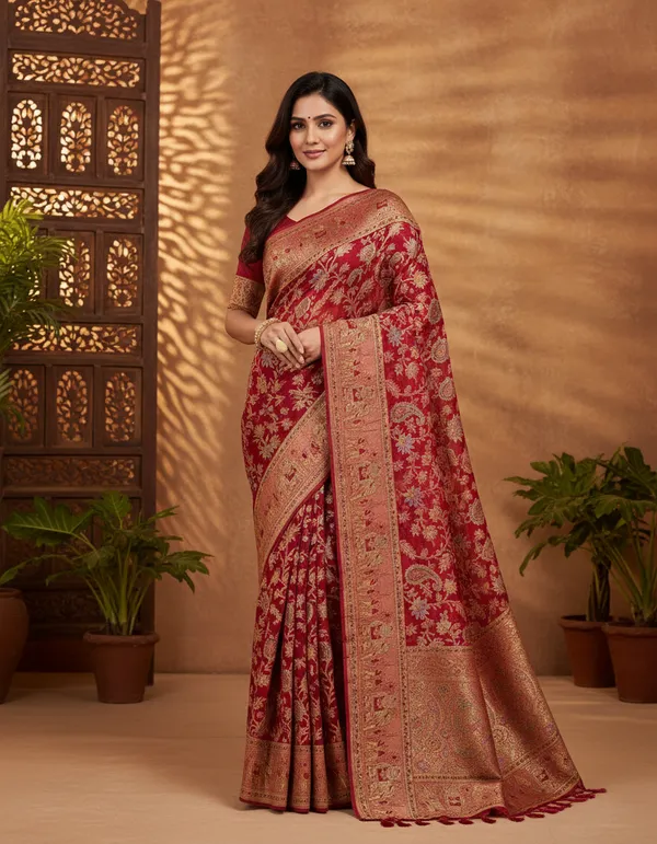 Red_Banarasi_Silk_Saree_With_Golden_Zari_Work