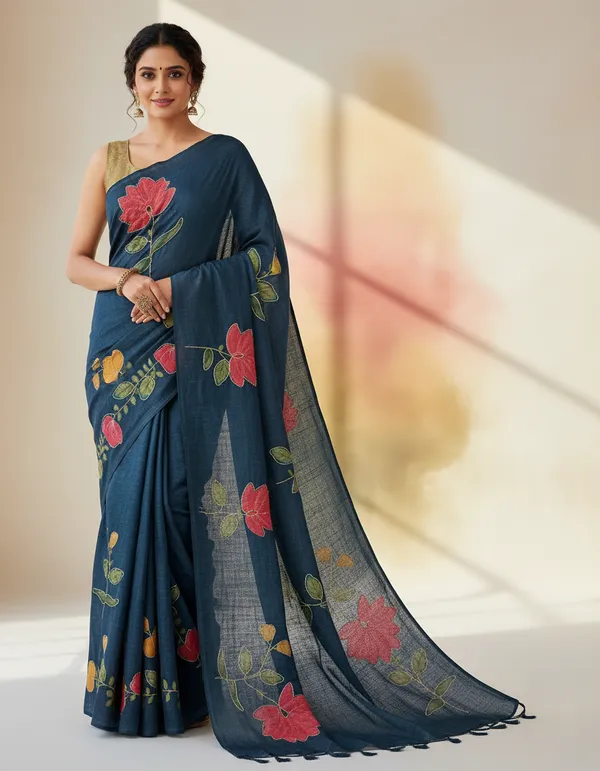 Elegant_Floral_Embroidered_Saree_-_Dark_Teal_Blue_With_Multicolor_Flowers