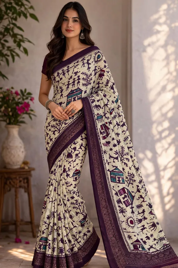 Cream_Elegant_Saree_With_Purple_Warli_Print_Border