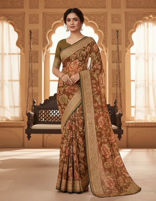 Brown_Floral_Embroidered_Saree_With_Golden_Border_And_Blouse