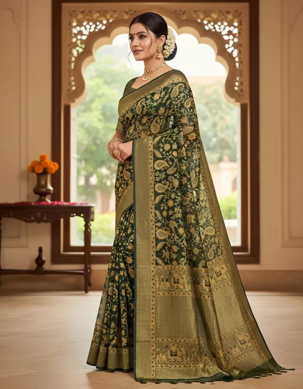 Olive_Green_Banarasi_Silk_Saree_With_Gold_Zari_Work