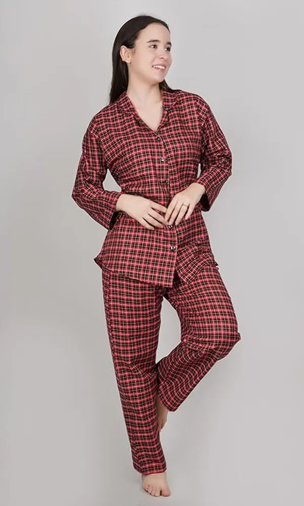 Red_Polyester_Checkered_Night_Suit_For_Women