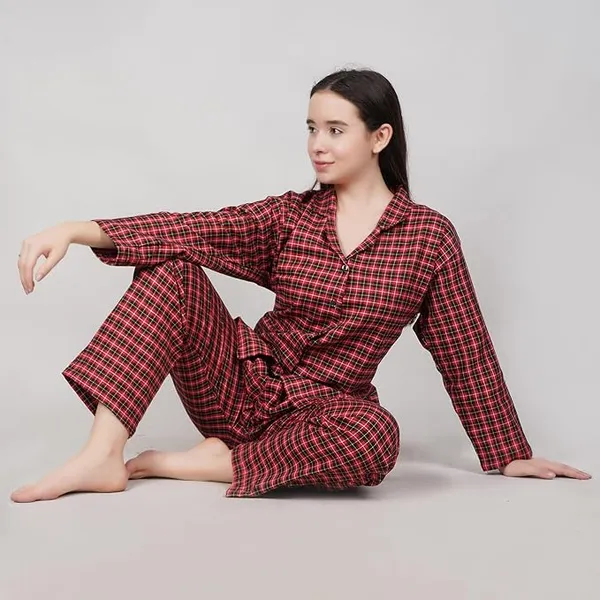 Red_Polyester_Checkered_Night_Suit_For_Women