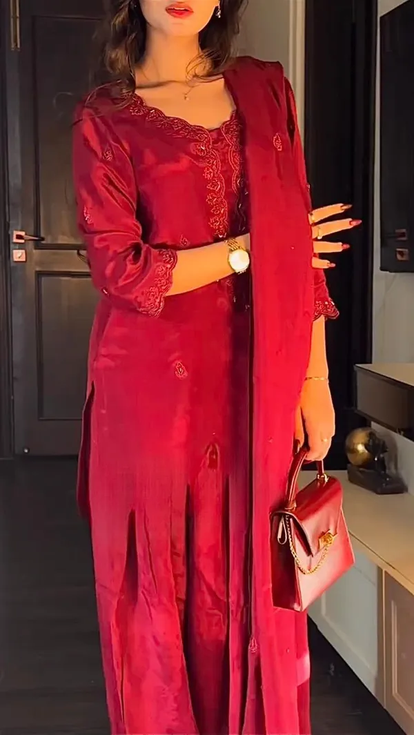 Red_Chinon_Premium_&_Fancy_Design_Kurta_Set_For_Women