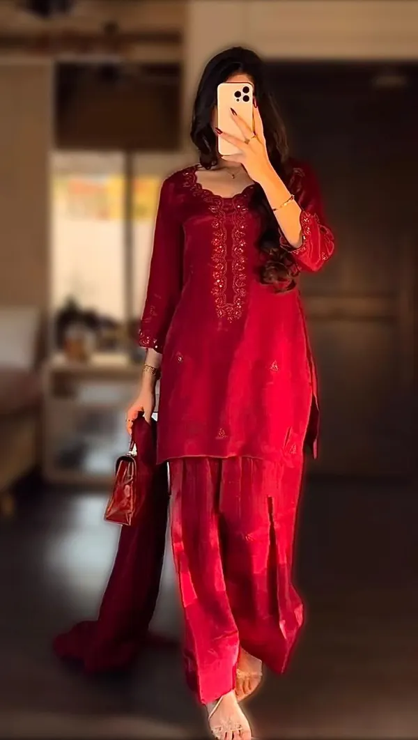 Red_Chinon_Premium_&_Fancy_Design_Kurta_Set_For_Women