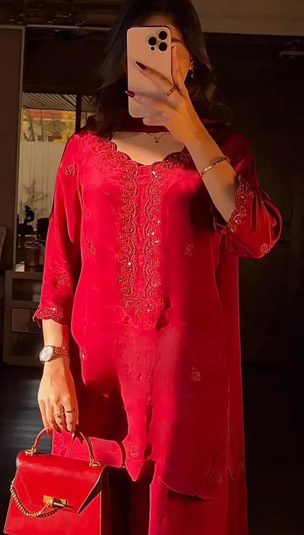 Red_Chinon_Premium_&_Fancy_Design_Kurta_Set_For_Women