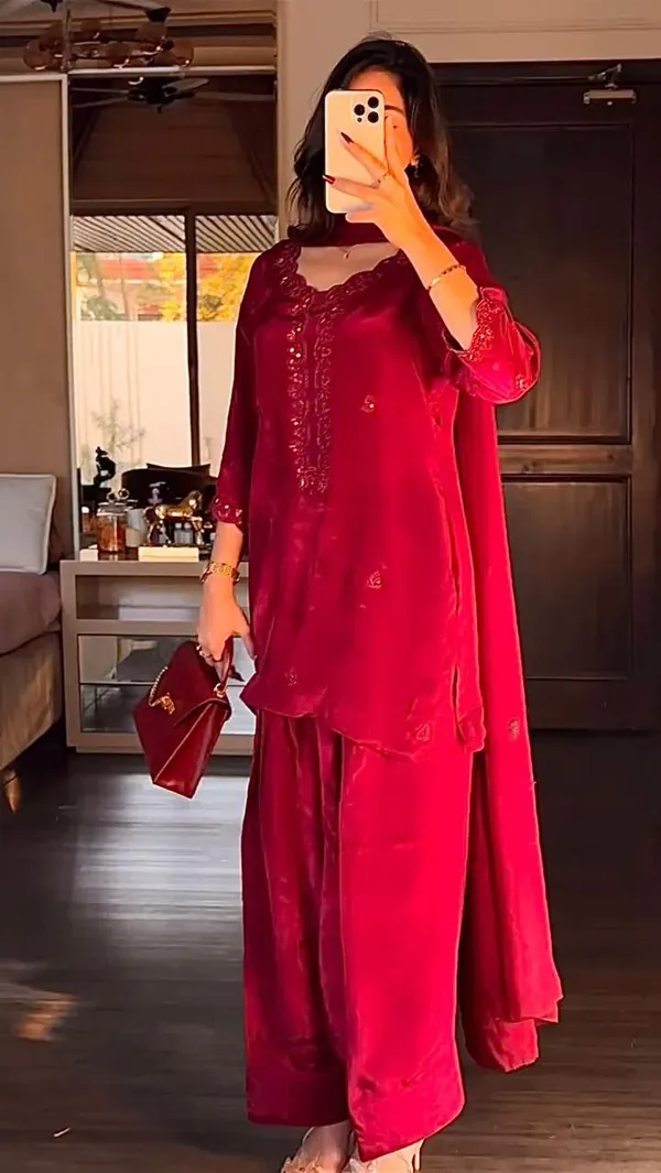 Red_Chinon_Premium_&_Fancy_Design_Kurta_Set_For_Women