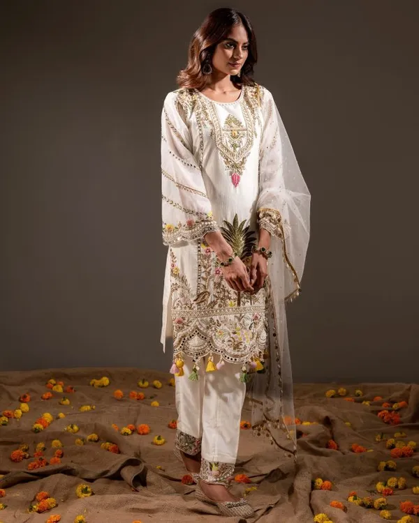 White_Net_Premium_&_Fancy_Design_Kurti_And_Pant_Set_For_Women