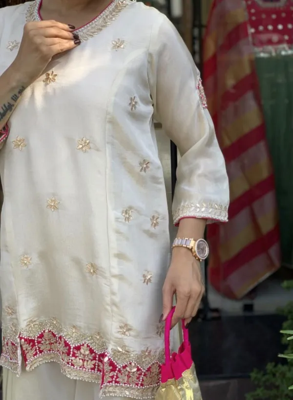 White_Premium_Glass_Tissue_Premium_&_Fancy_Design_Kurti_And_Palazzo_Set_For_Women