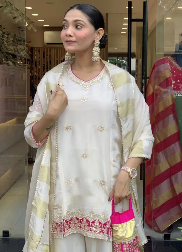 White_Premium_Glass_Tissue_Premium_&_Fancy_Design_Kurti_And_Palazzo_Set_For_Women