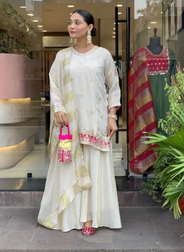 White_Premium_Glass_Tissue_Premium_&_Fancy_Design_Kurti_And_Palazzo_Set_For_Women